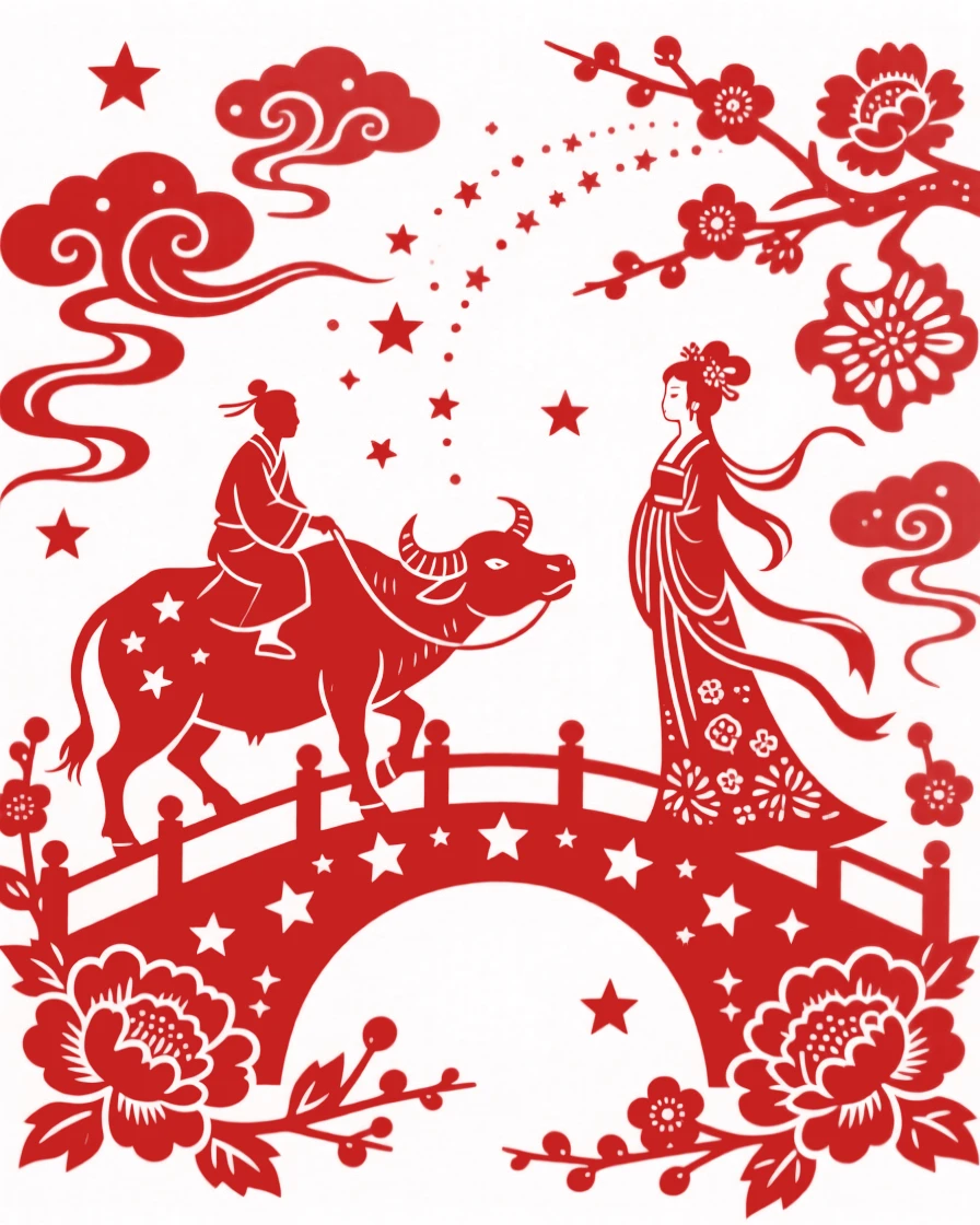 The Cowherd leading his ox across a starry bridge toward the waiting Weaver Girl on the seventh night