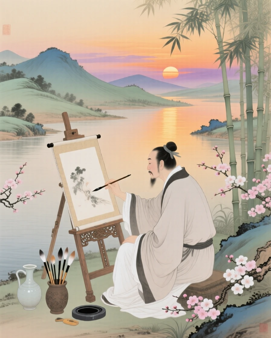 An artist painting by a riverbank as the sun sets behind the hills