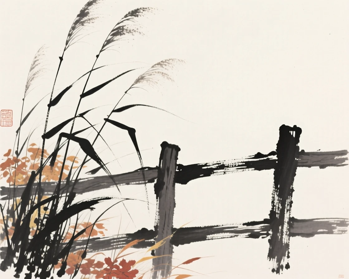 A stand of autumn reeds beside a weathered wooden fence, rendered in close, intimate detail, suggesting patience, resilience, and quiet strength.