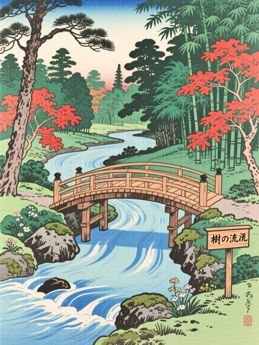 A winding forest stream, crossed by a simple wooden footbridge.