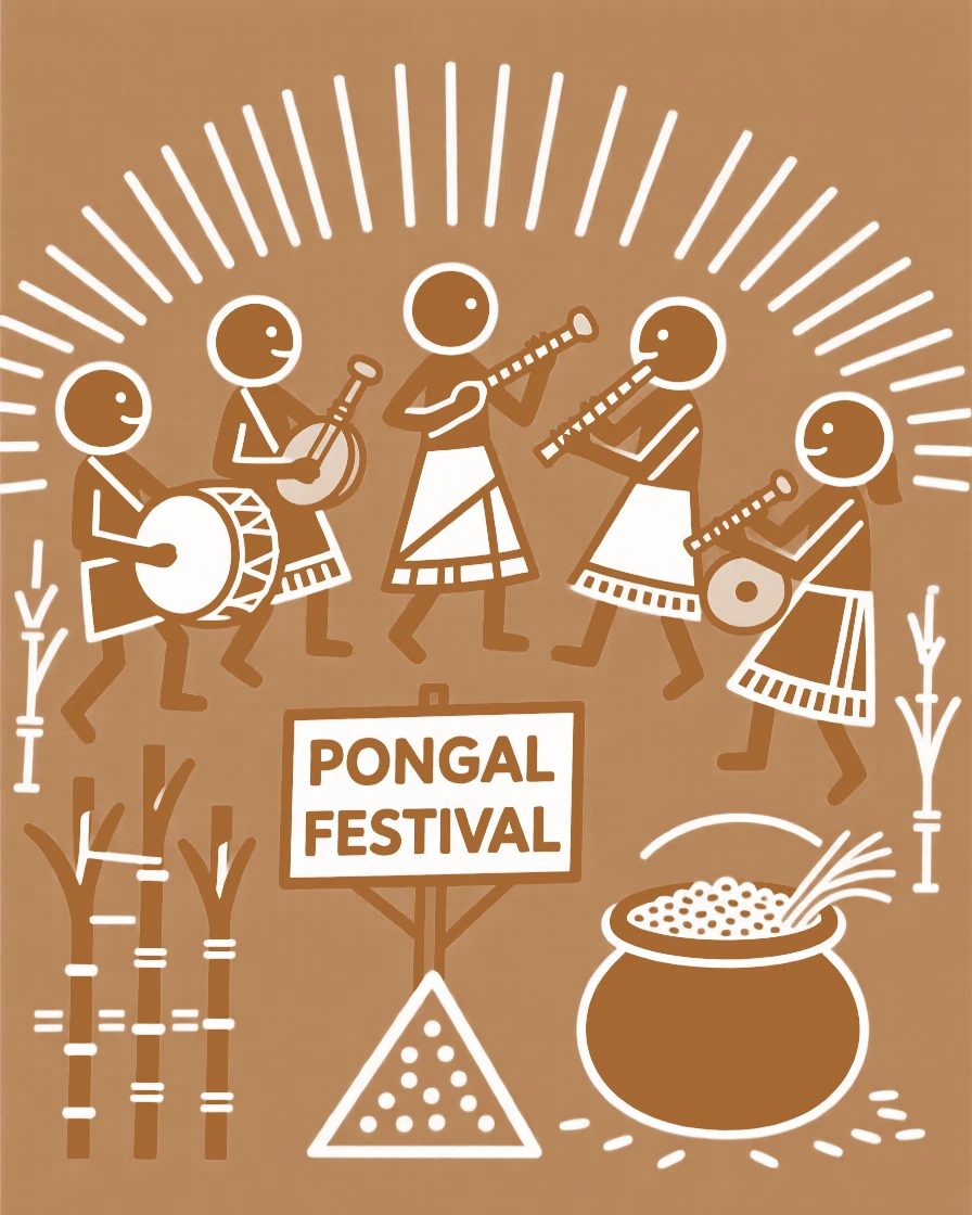 Pongal celebrated as musicians play traditional instruments together.