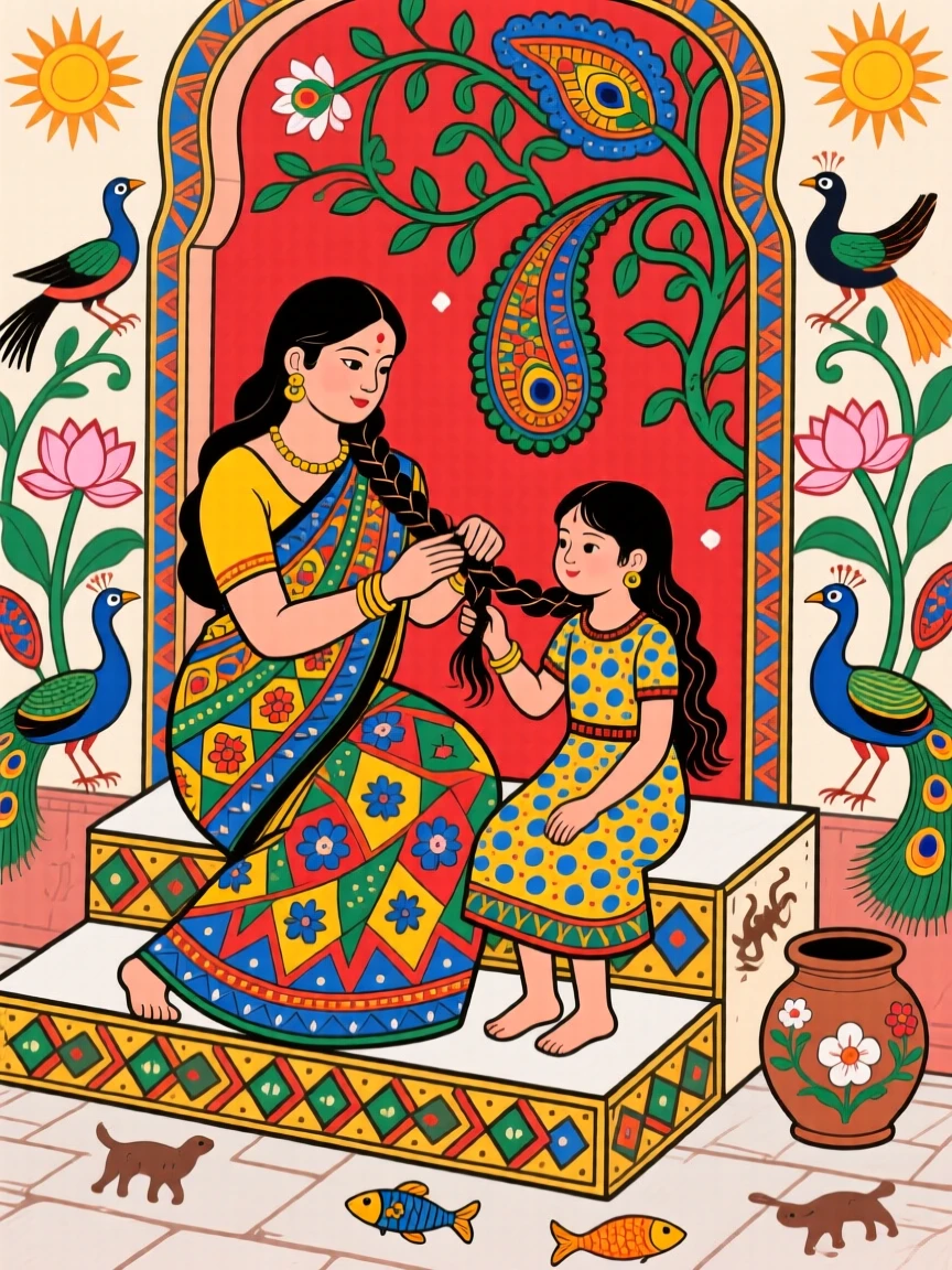 A mother braiding her daughter's hair on a quiet courtyard step.