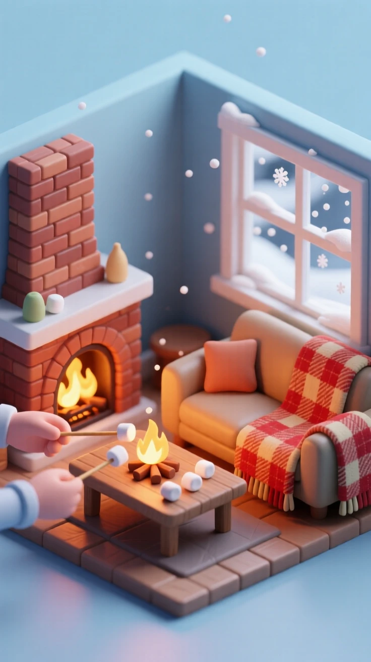 A cozy fireplace evening with marshmallows toasting on long sticks, a plaid blanket draped over a couch, and snow falling softly outside the window.
