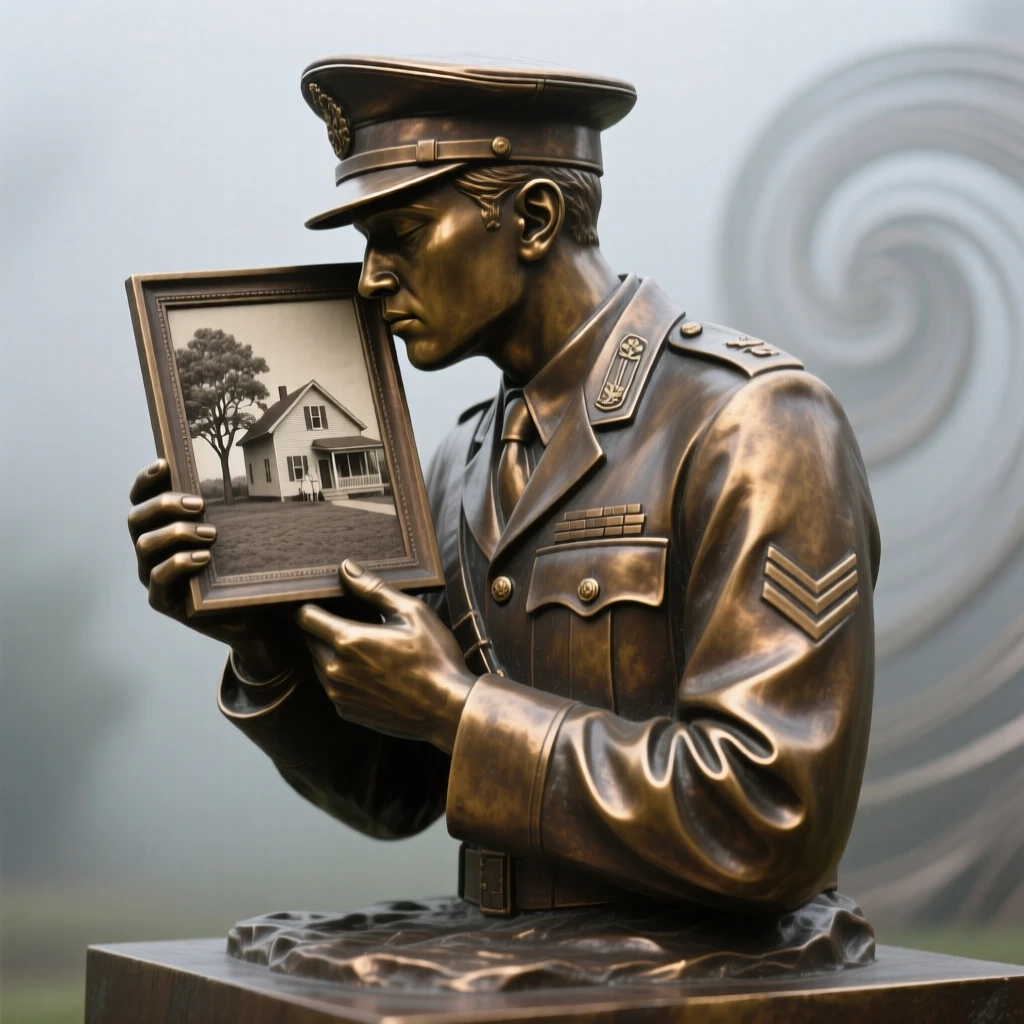A soldier kissing a photograph of home, framed by an atmospheric, misty backdrop, forming a strong central focal point
