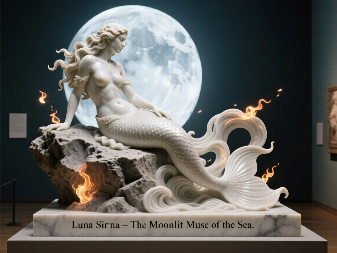 An epic scene of a mermaid perched on a moonlit rock, surrounded by swirling light and floating embers, evoking myth and grandeur