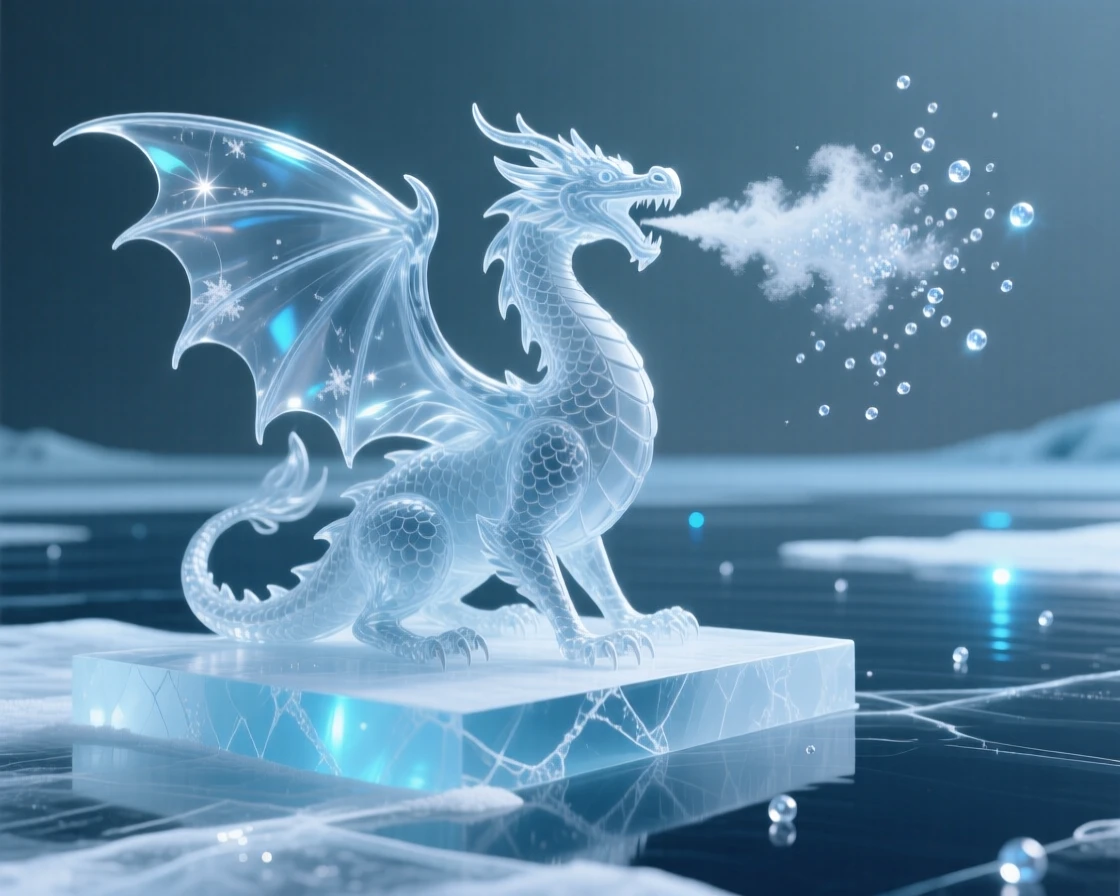 An ice dragon breathing frost over a frozen lake, bathed in soft magical light with drifting sparkles in the air, epic and awe-inspiring composition, evoking wonder and adventure.