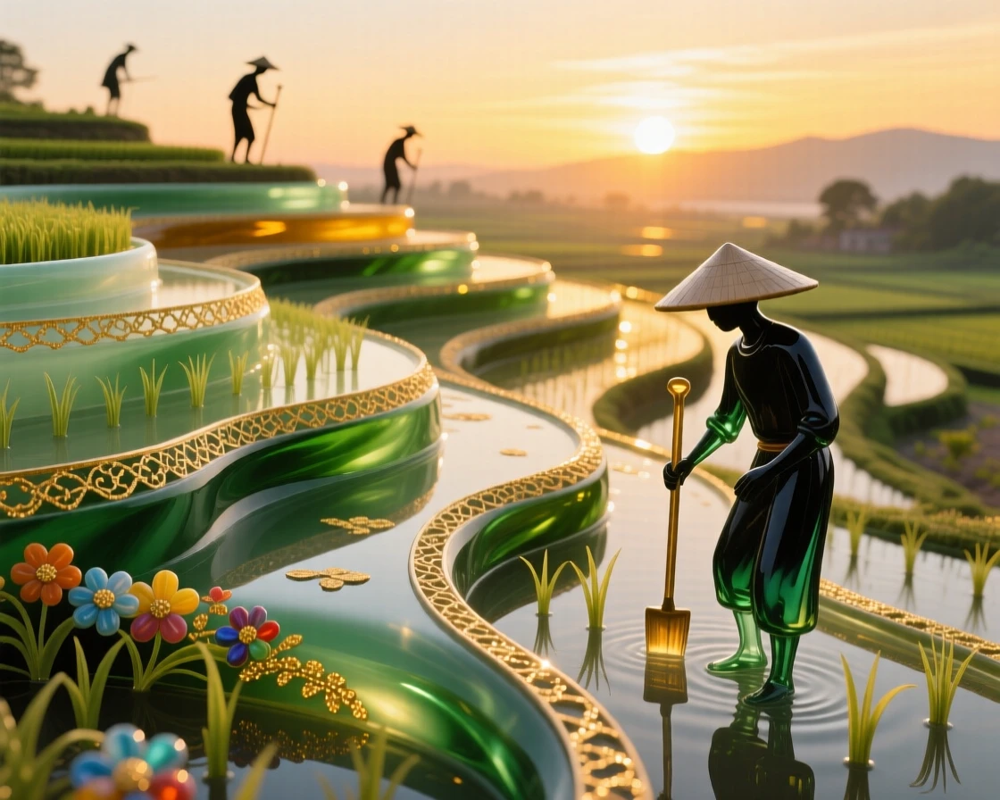 A tranquil rice terrace at sunrise with farmers' silhouettes in the distance, harmonious and human.