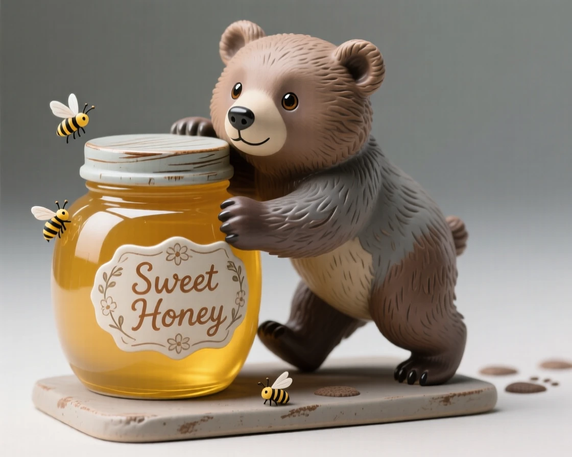 A bear cub hugging a jar of honey caught mid-step on a whimsical journey, with tiny expressive details bringing the scene to life, evoking childlike wonder and gentle humor.