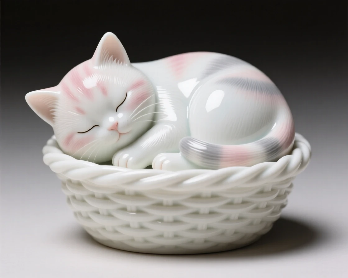 A tiny kitten curled up asleep in a woven basket, radiating quiet, gentle charm.