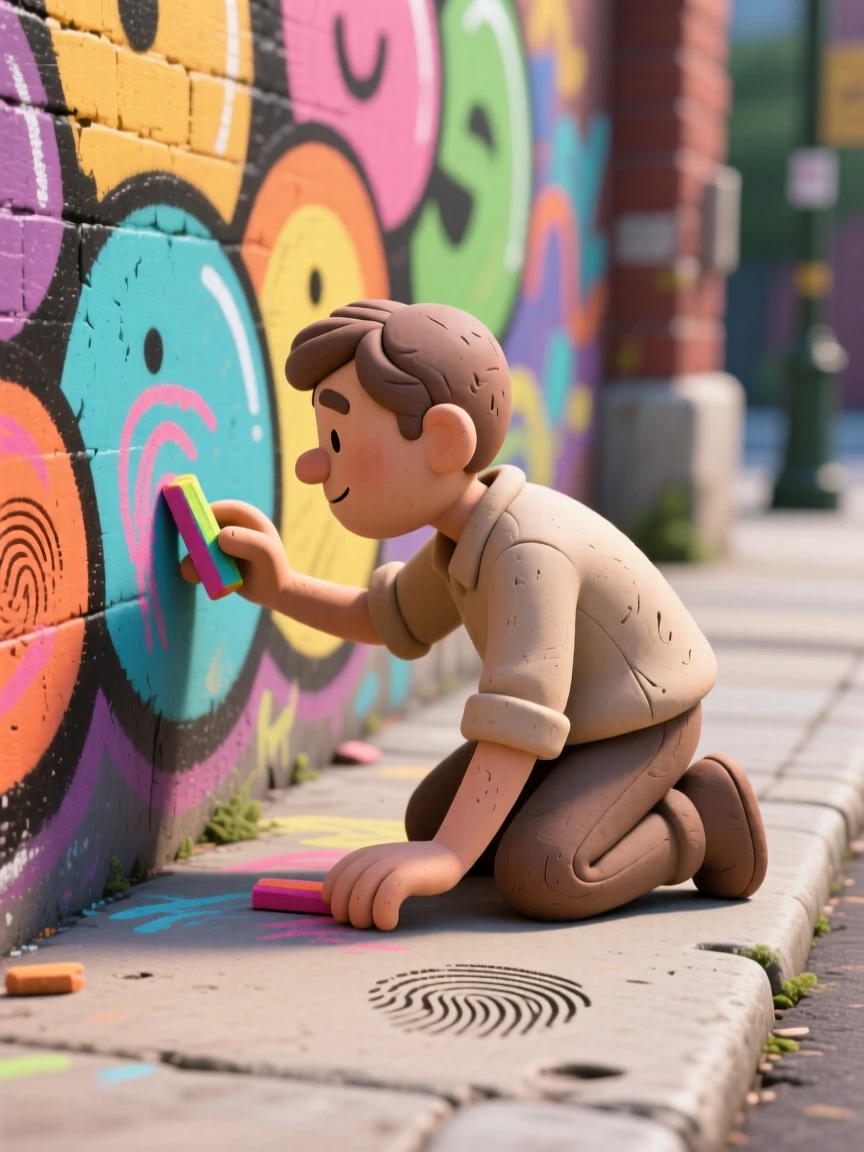 A street artist chalking a colorful mural on a city sidewalk