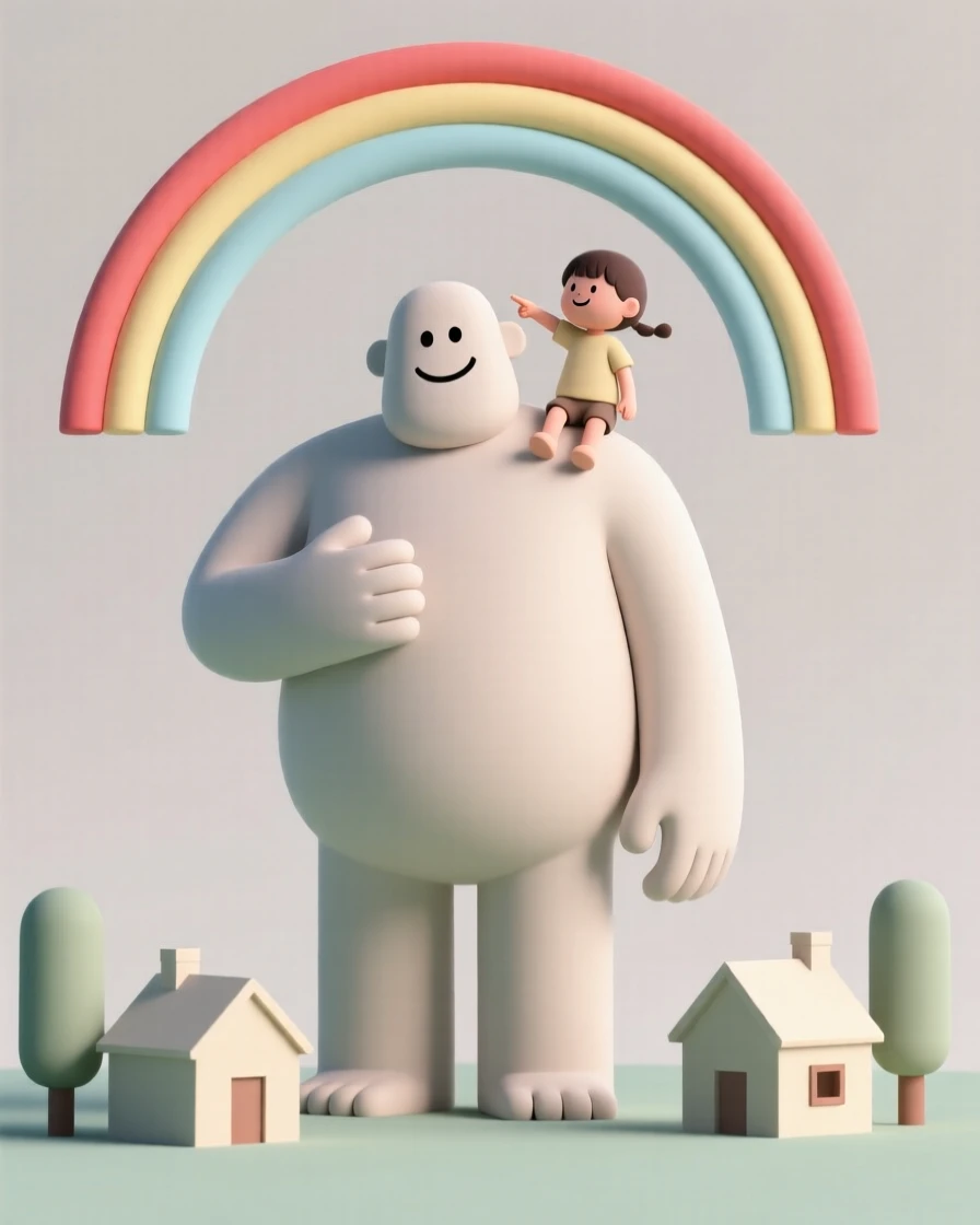 A towering friendly giant lifts a small village child onto his shoulder for a better view of a rainbow.