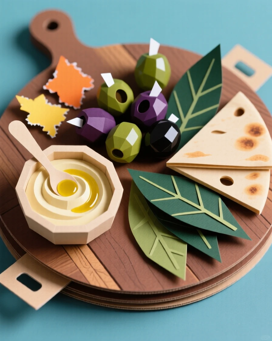 A colorful Mediterranean mezze platter with hummus, olives, stuffed grape leaves, and warm pita, evoking vibrant shared dining.