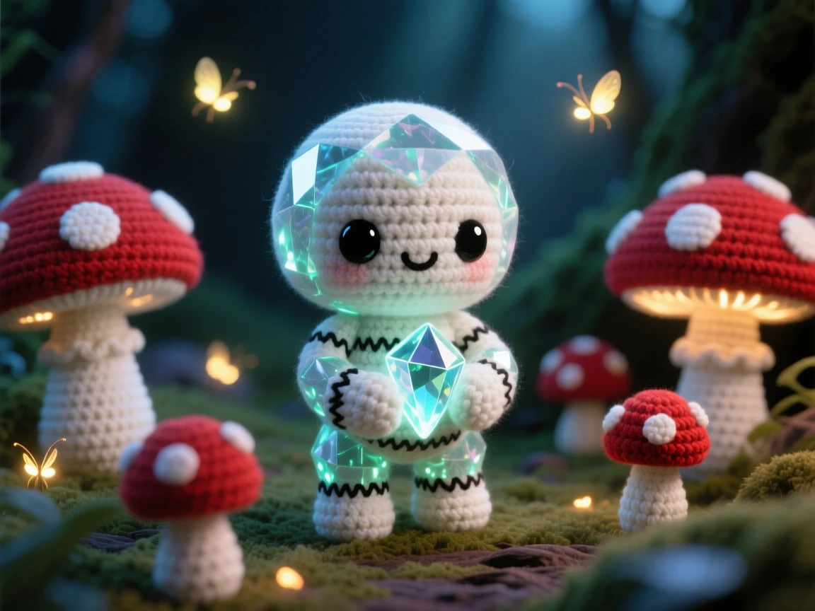 In a hidden glade lit by fireflies, a tiny crystal golem with a body made of glowing gemstones is captured cradling a small glowing crystal shard, surrounded by a ring of softly glowing toadstools, filled with playful whimsy and lighthearted charm.