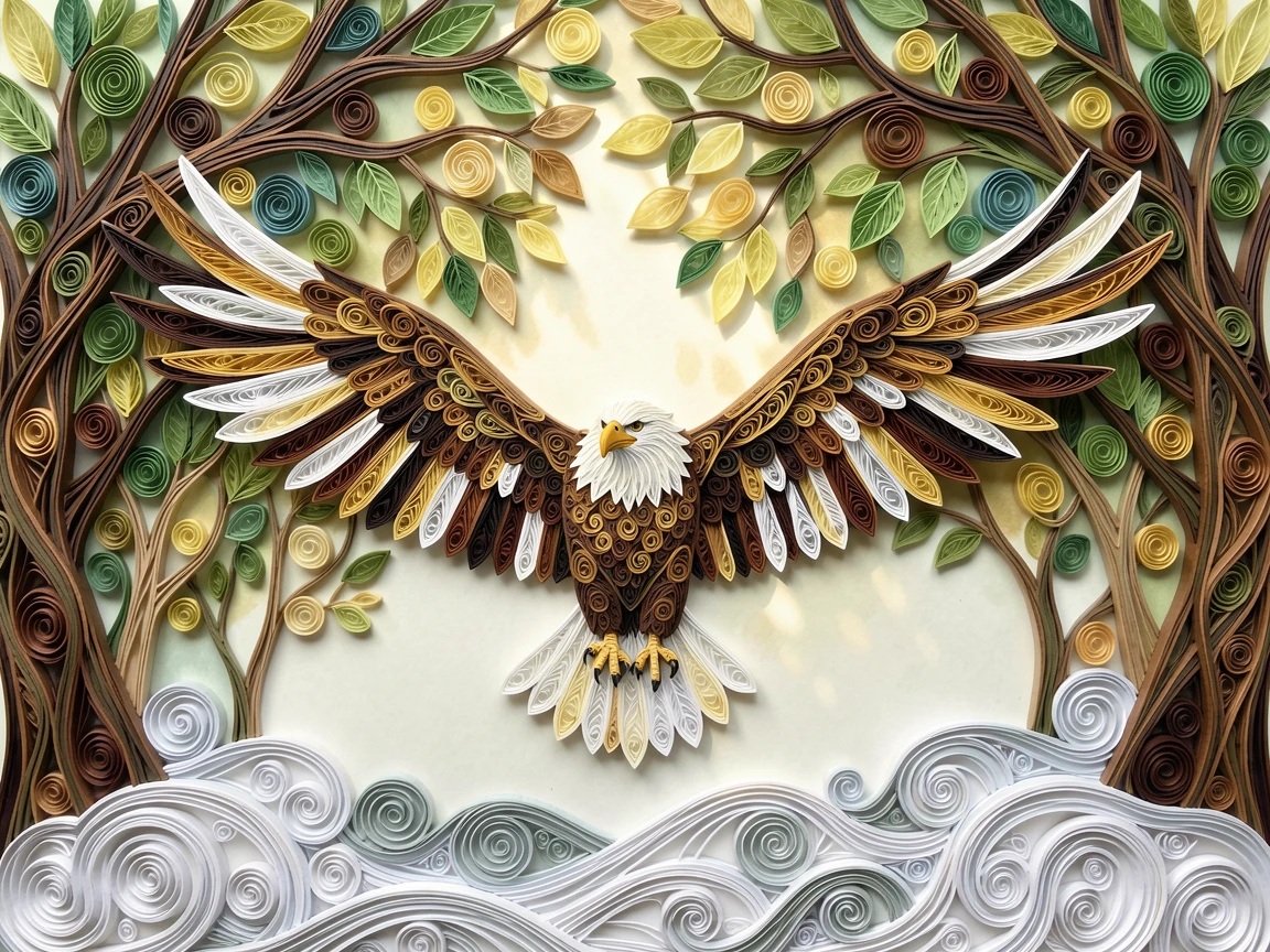 a soaring bald eagle with wings fully spread, amid dappled light filtering through a leafy canopy, framed through a natural archway of branches, with mist rolling low across the ground.