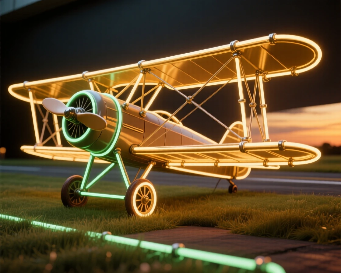 A vintage biplane parked on a grass airstrip at golden hour.