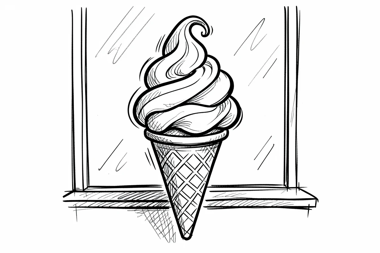 A cone of swirled soft-serve ice cream displayed in a bakery window.