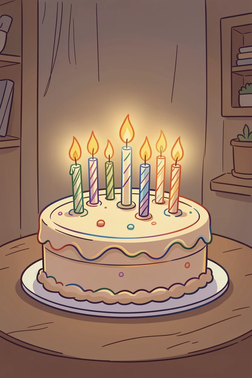 A birthday cake with lit candles glowing in a dimly lit room.