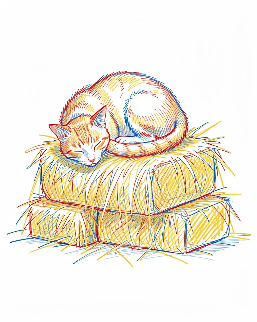 A barn cat curled asleep atop a stack of hay bales in golden light