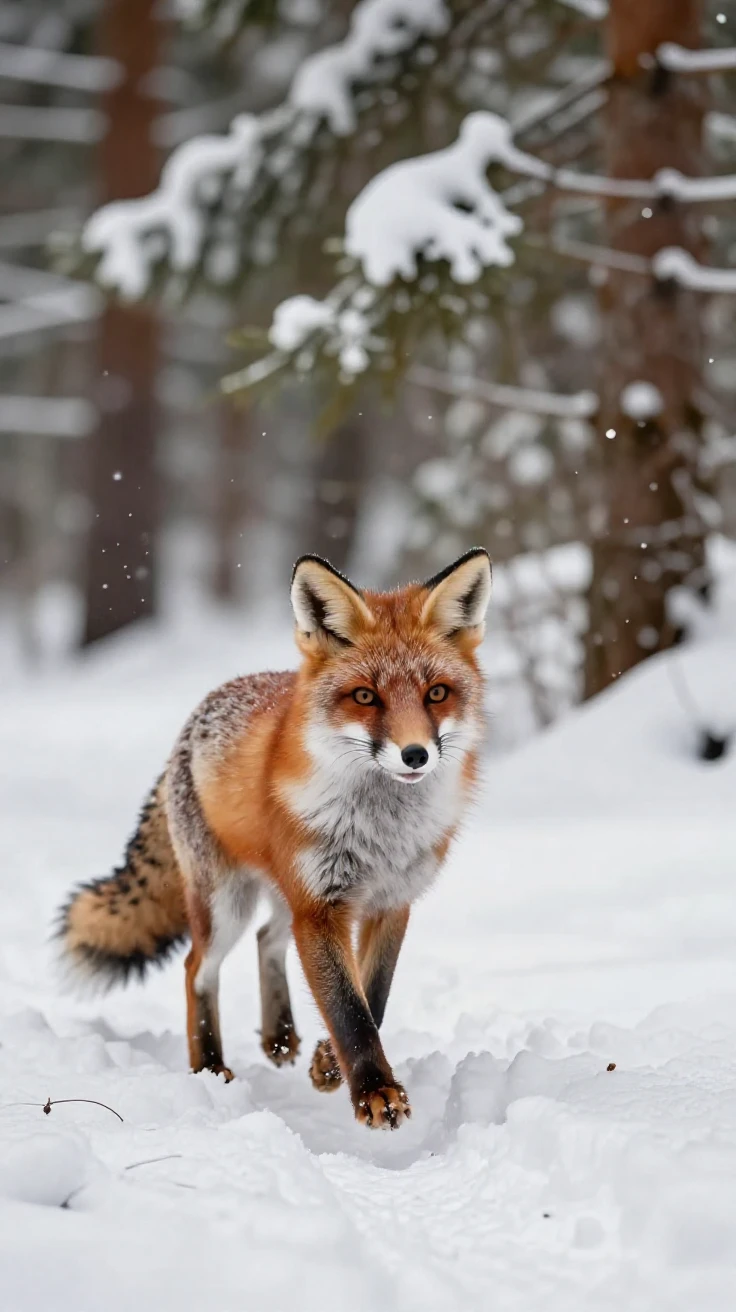 A red fox trotting through fresh snow