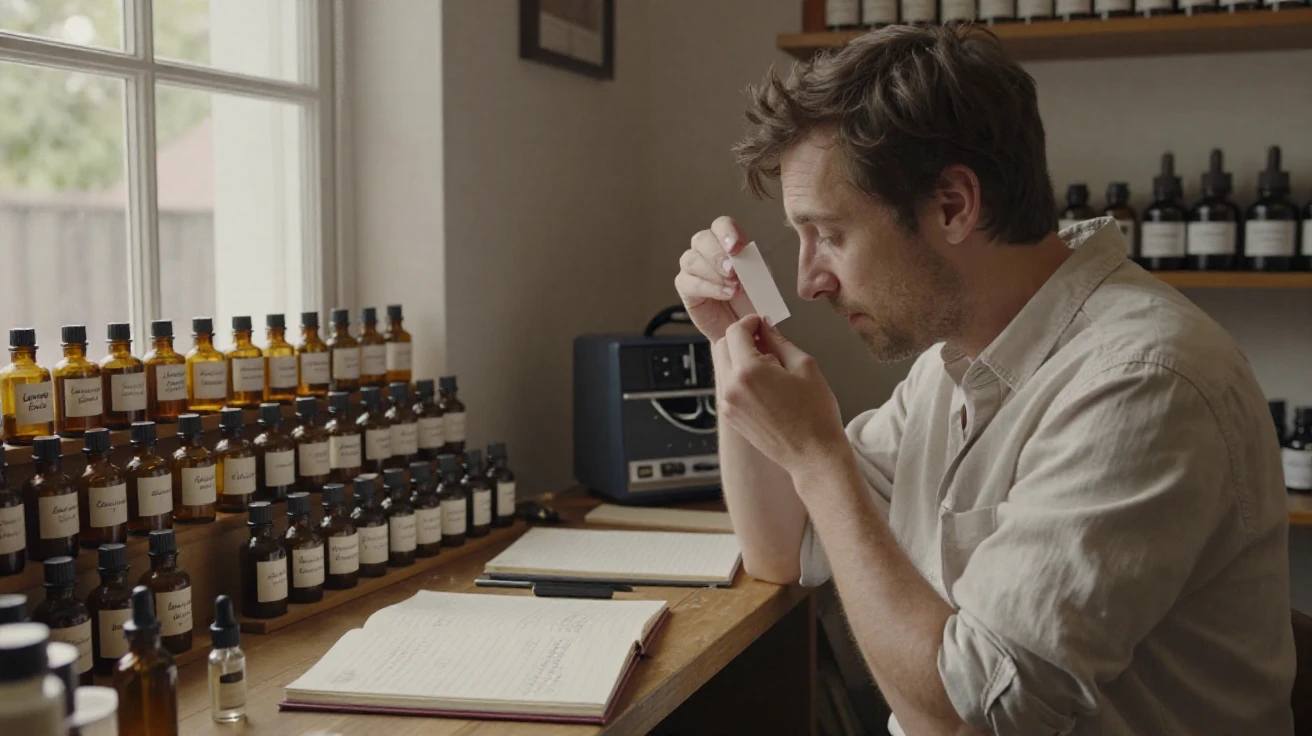A perfumer tests a new scent blend on a strip of paper under soft light.