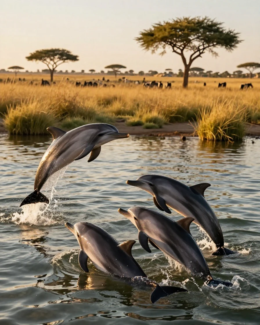 A family of dolphins playing together in shallow water across an open golden savanna