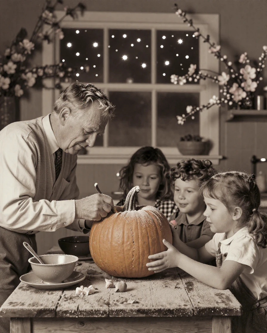 A grandfather carving a pumpkin with his grandchildren at the kitchen table, under a canopy of stars, with frost coating every surface, as spring blossoms unfurl, with a soft sepia-tinted glow, in a tight close-up.