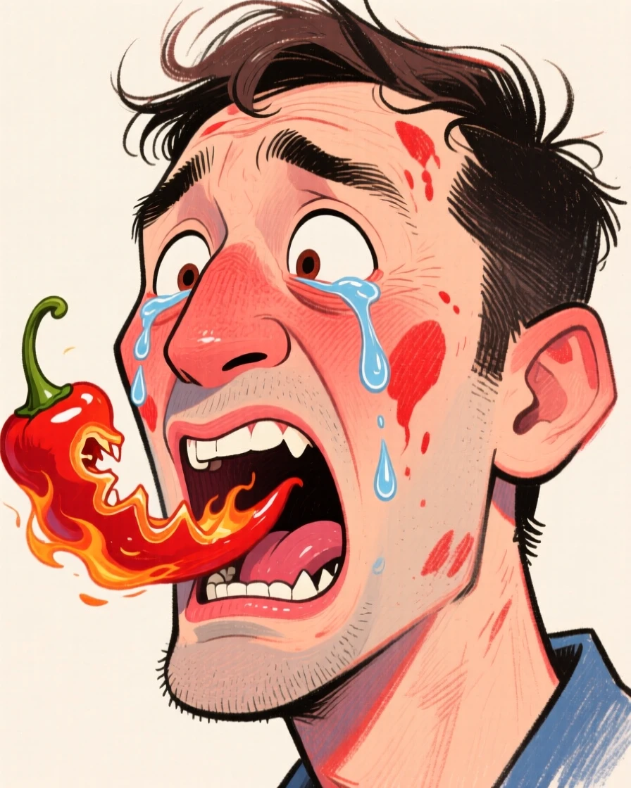 A man mid-bite into a spicy pepper, eyes watering and face turning tomato red.