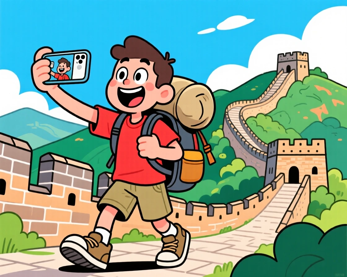 An iconic travel scene featuring a traveler taking a selfie in front of the Great Wall of China, backpack slightly too heavy.