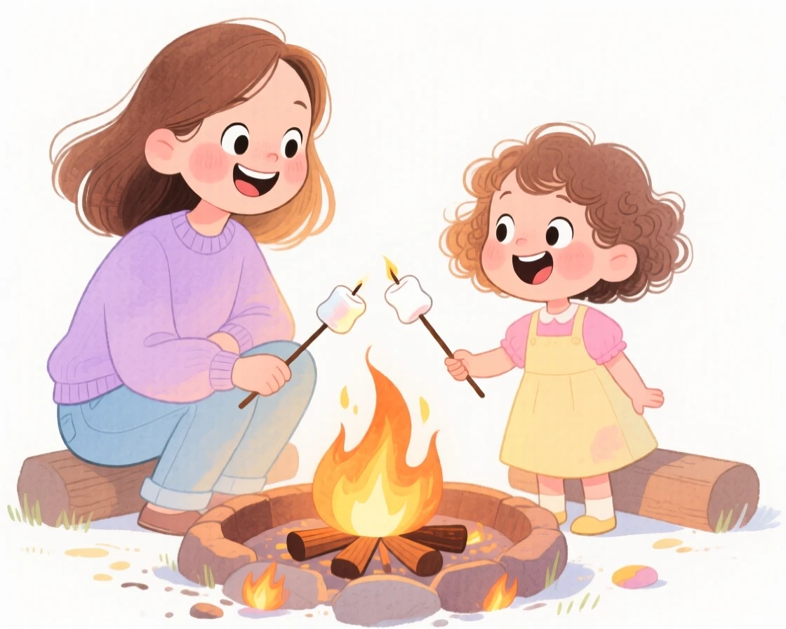 A mother and daughter roasting marshmallows around a backyard fire pit