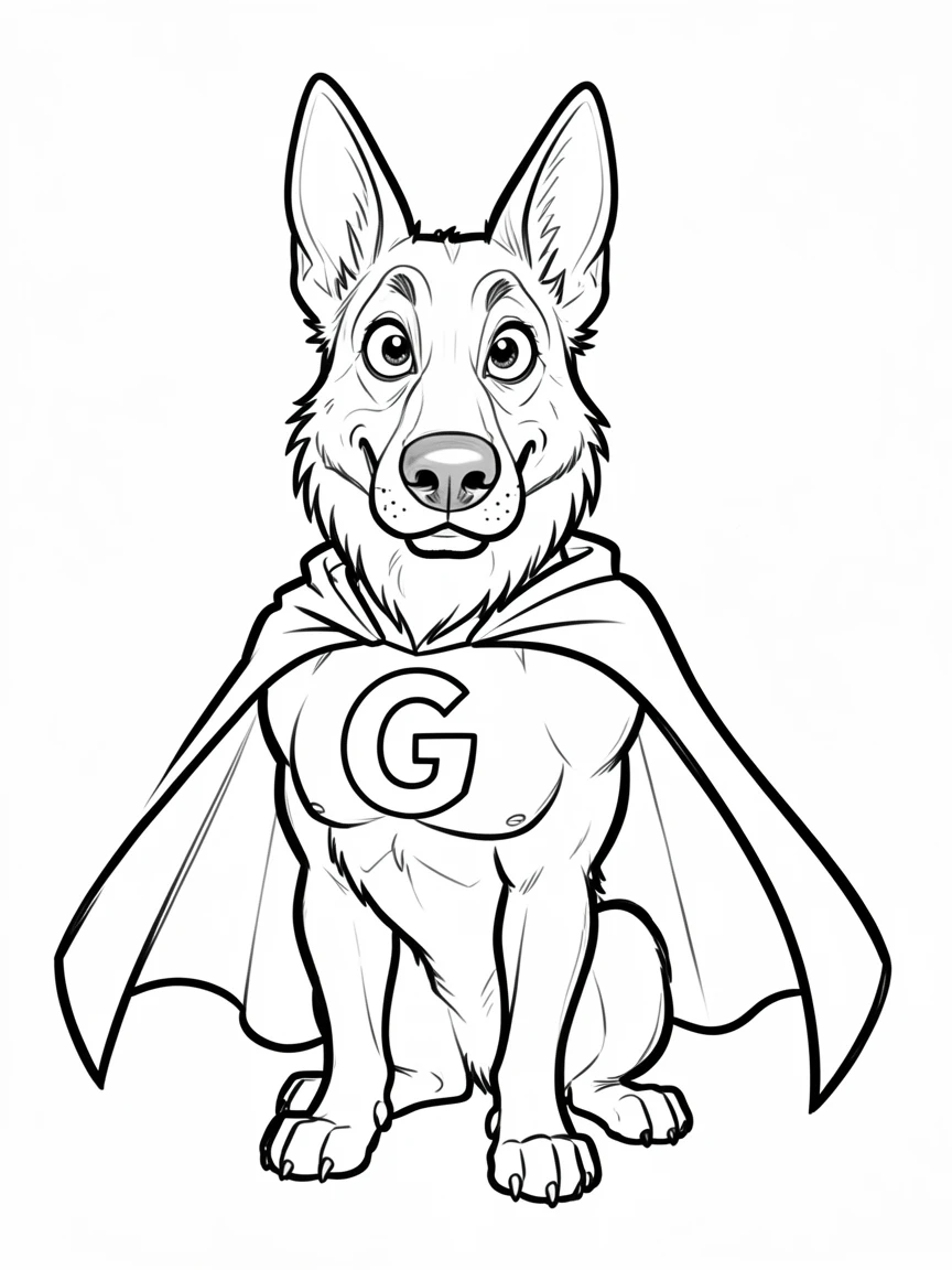 [Cute Animals & Pets] Adorable scene of a proud German shepherd standing guard in a superhero cape, bursting with charm and playful energy