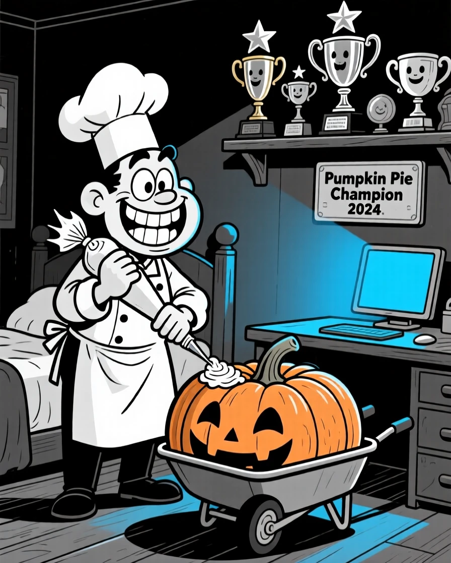 A baker piping frosting with surgeon-like precision, grinning ear to ear beside a pumpkin bigger than a wheelbarrow, set in a bedroom lit only by screen glow. A trophy shelf gleams in the background. The moment captures determination with a comic twist.