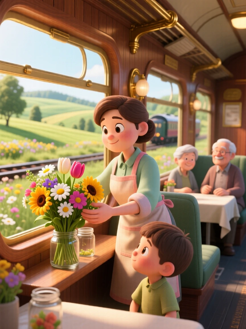 A shopkeeper arranging fresh flowers in a window display is captured inside a sunlit train car rolling past the countryside, with soft chatter drifting from nearby tables. The atmosphere feels cozy, human, and full of small joys.