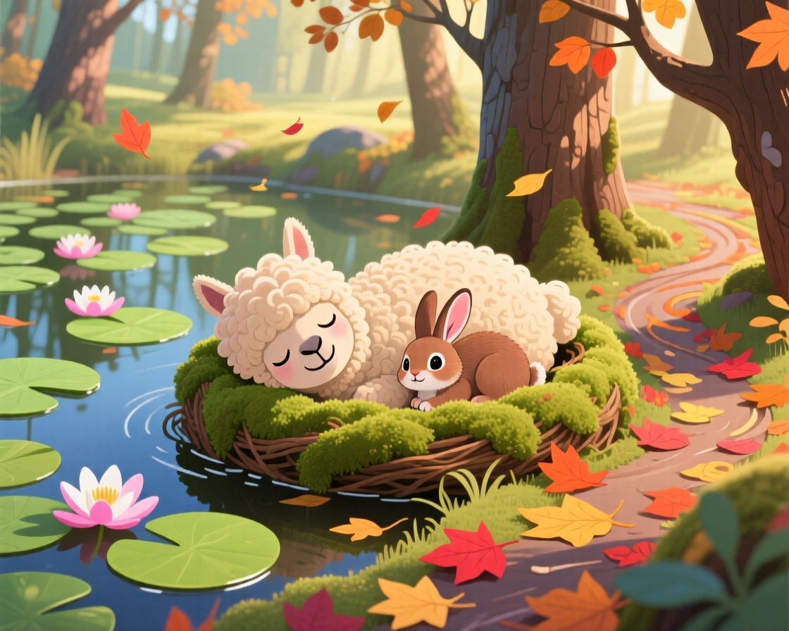 Near a lily-covered pond, a shaggy alpaca is napping in a nest of soft moss alongside a small woodland friend, with a trail of fallen leaves swirling around.
