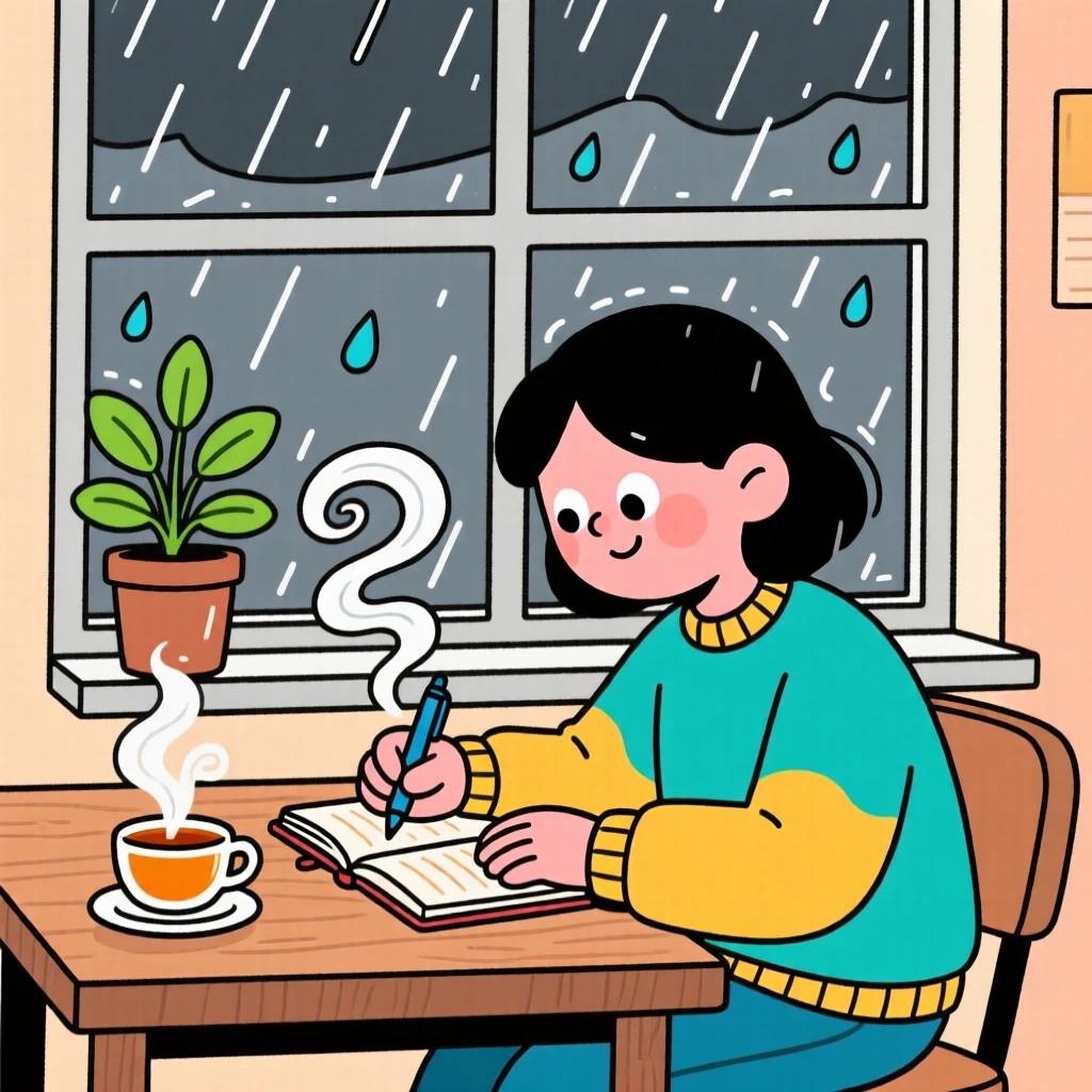 A person journaling with a cup of tea on a rainy afternoon.