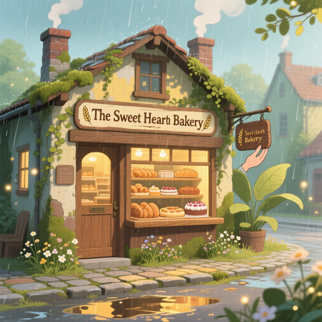 A bakery on a quiet corner with its door propped open, with smoke curling gently from chimney tops, during a light spring shower.