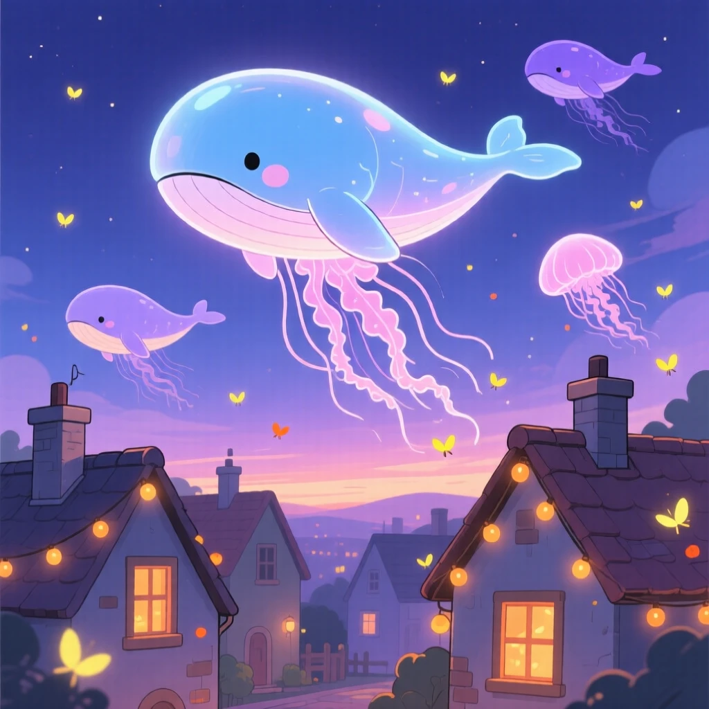 Medium shot of a school of glowing jellyfish-like sky whales, drifting slowly over a sleeping village, in a twilight sky above rooftops, as fireflies begin to glow at dusk, illuminated by warm fairy-light glow, radiating eager anticipation.