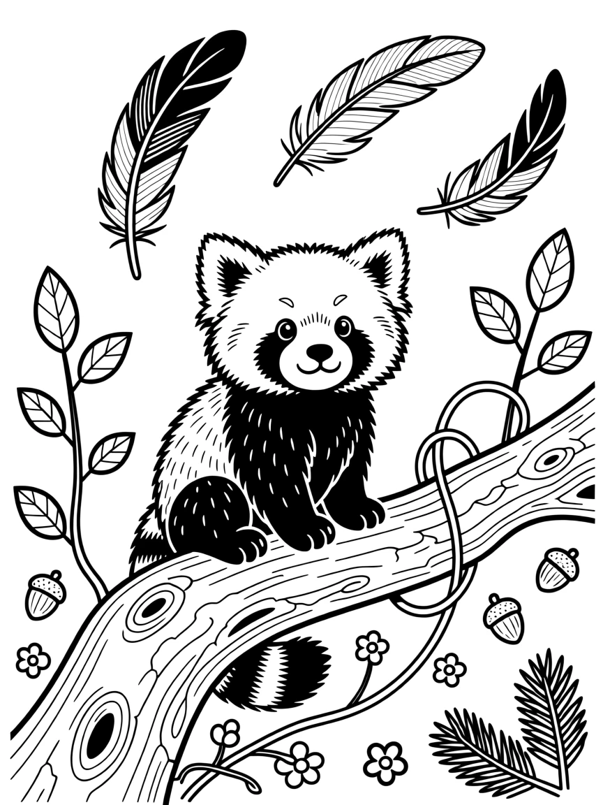 A red panda sitting on a weathered tree branch, with dramatic feather detail catching the wind.