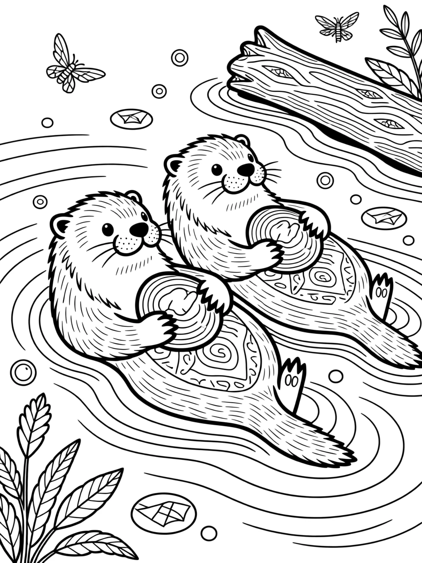 A pair of otters cracking shellfish on their bellies while floating.