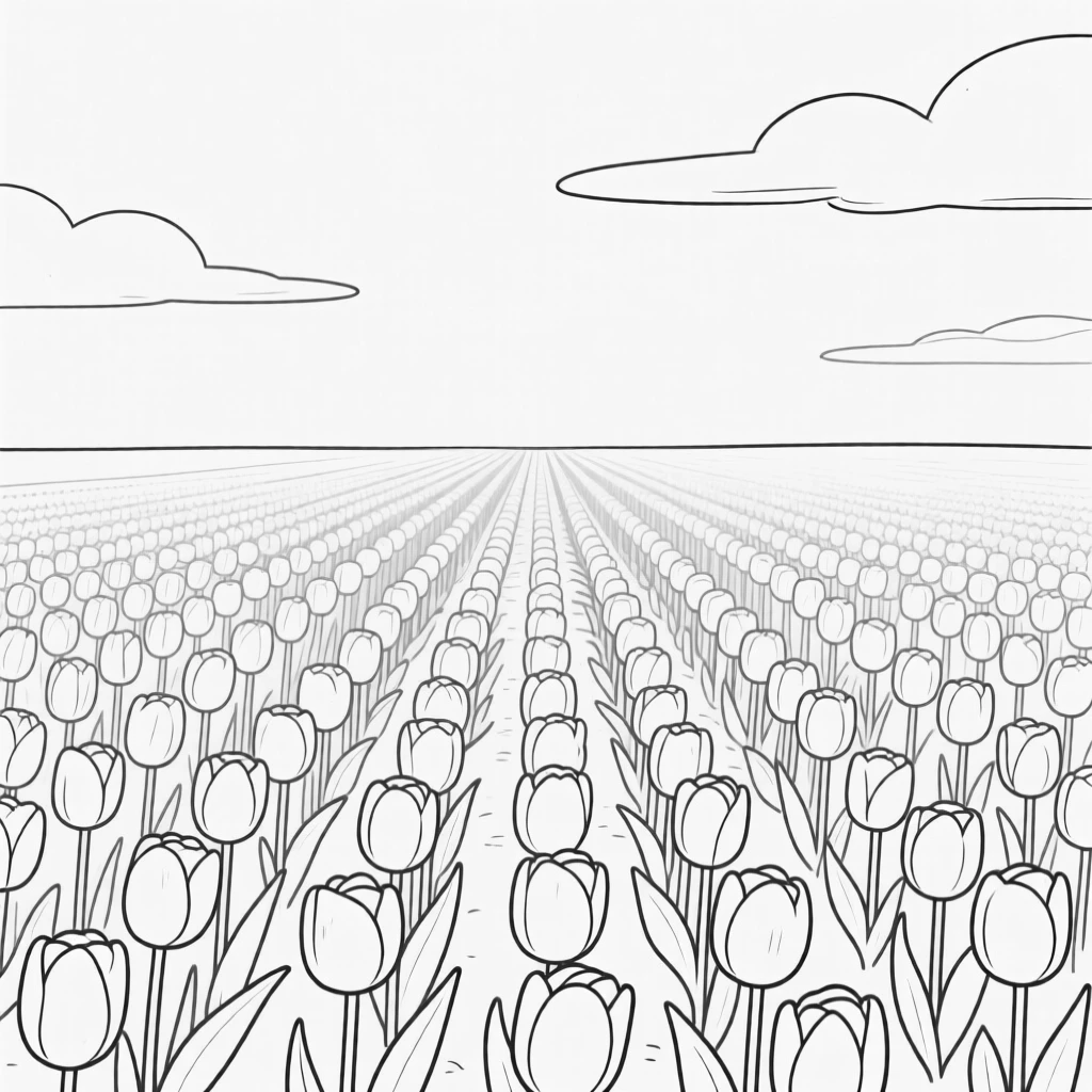A field of tulips in neat rows under a bright sky