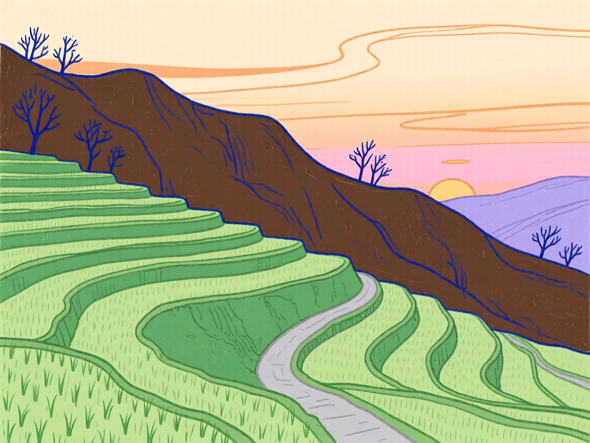 A rice terrace carved into a mountainside at dawn.