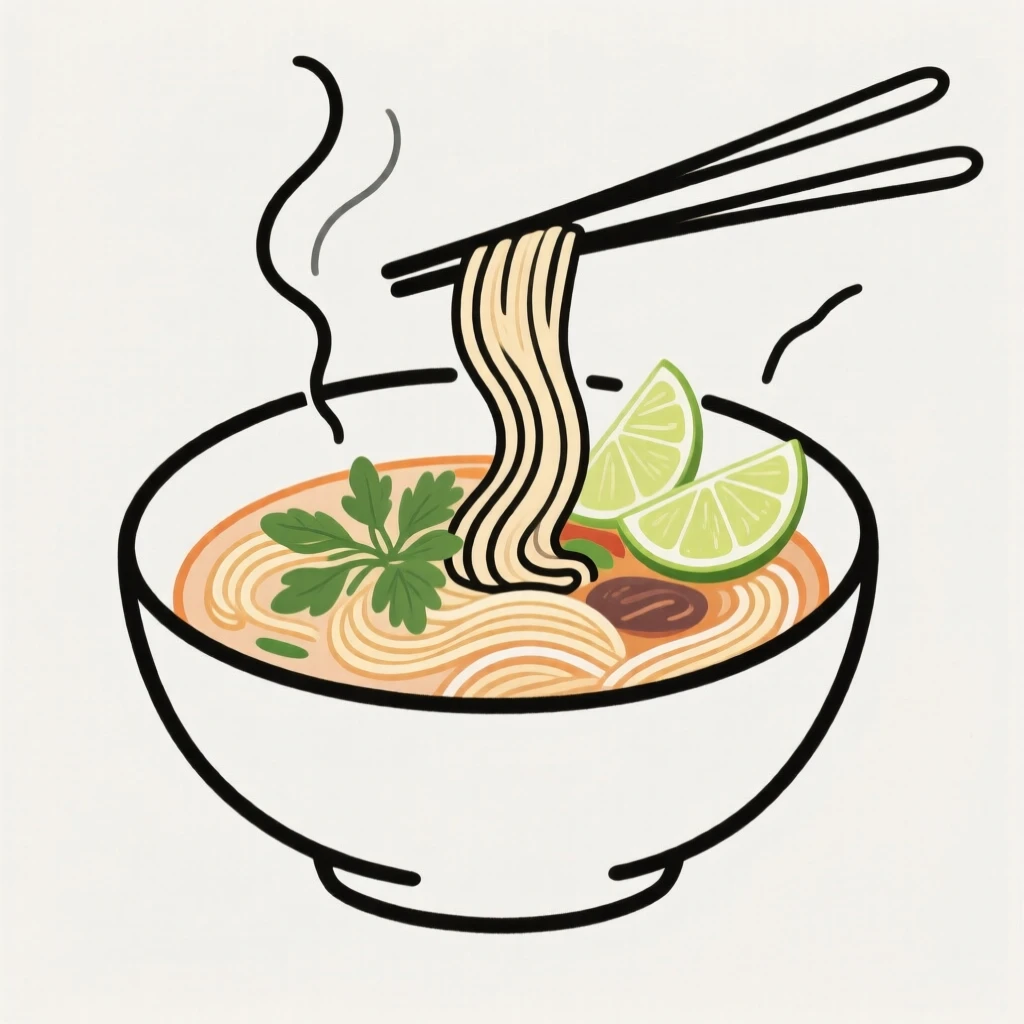 A bowl of steaming pho topped with fresh herbs and lime.