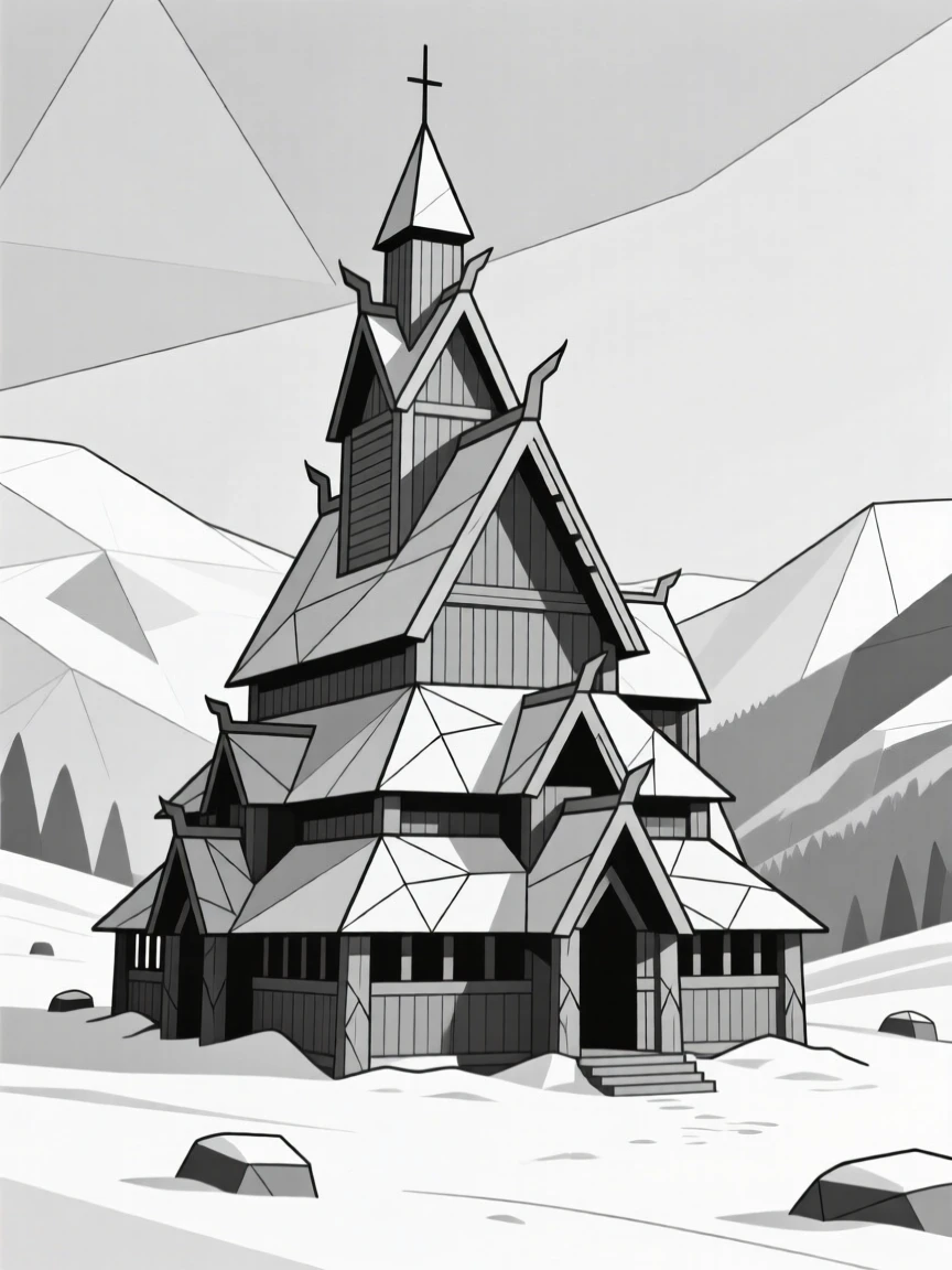 A traditional Norwegian stave church in a snowy valley