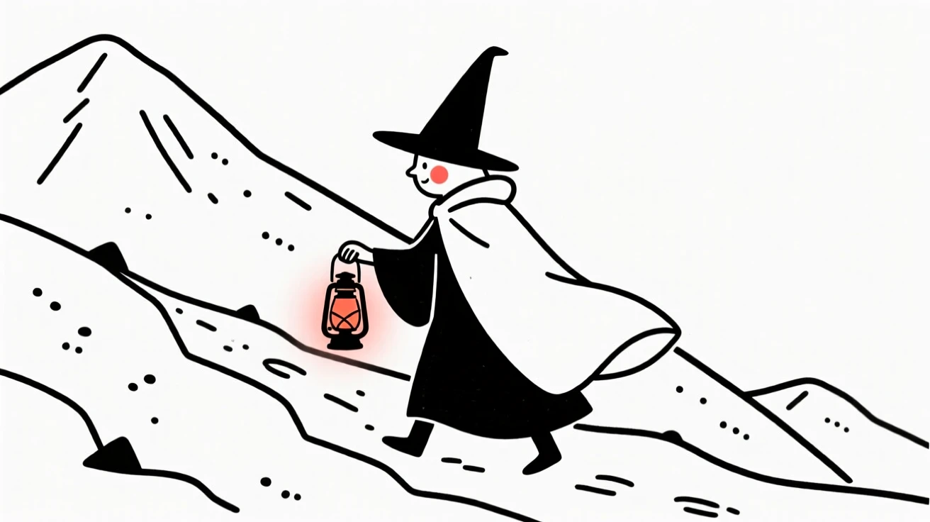 A wandering wizard with a lantern, on a snowy mountain trail.