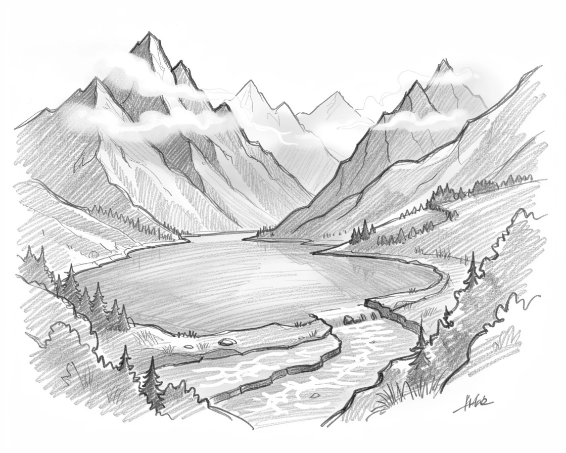 A breathtaking view of a turquoise alpine lake, shrouded in gentle fog, with a winding river cutting through the scene.