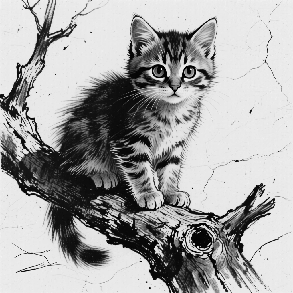 A curious kitten perched on a weathered tree branch.