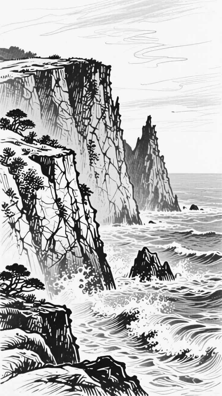 A rugged coastline with waves crashing against dramatic sea cliffs.