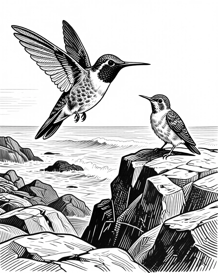 A hummingbird in flight along a rocky coastline, with its young close beside it, capturing a playful and lighthearted moment in nature with a strong, centered focal point.