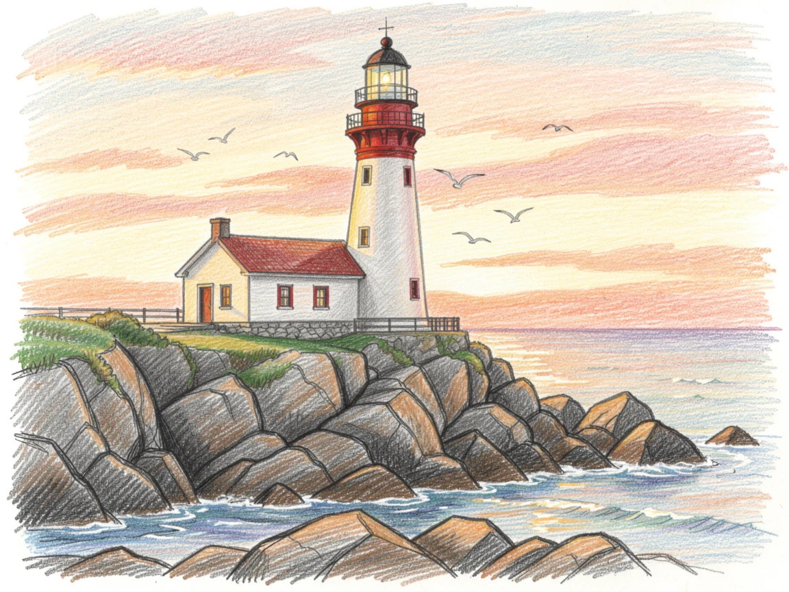 A lighthouse on the rugged coast of Maine at sunset, with warm light casting long shadows across the scene, evoking wanderlust and the magic of far-off places.