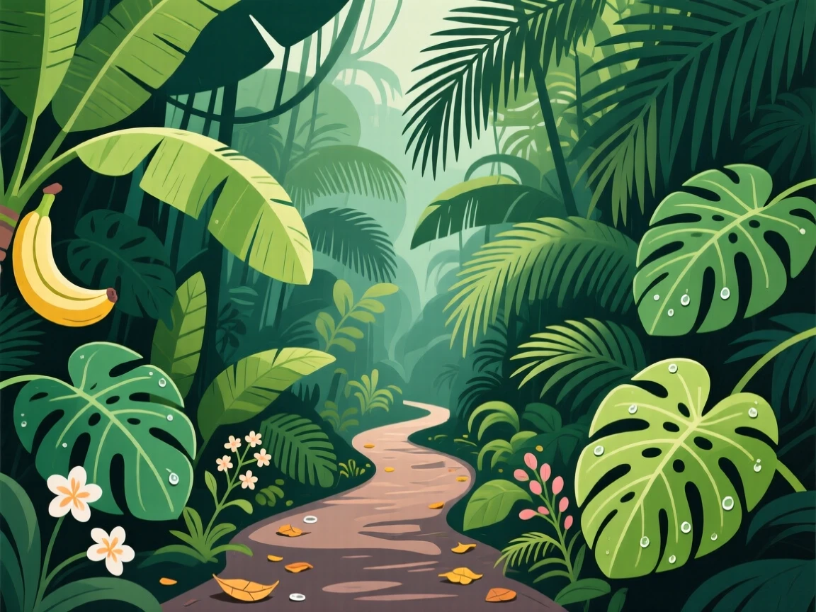 A dense jungle path lined with giant tropical leaves, with gentle wind rippling across the landscape, arranged with layered depth creating a sense of vastness, with delicate textures visible in every leaf and petal.