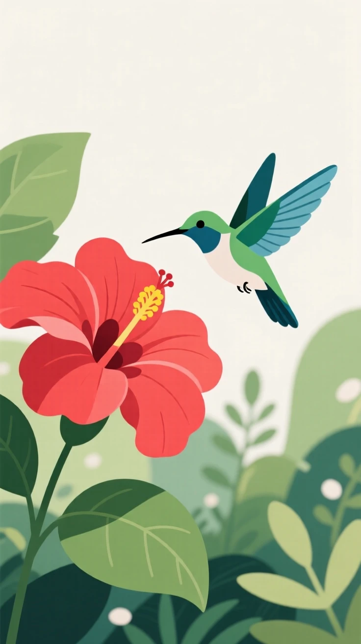 A hummingbird hovering beside a bright hibiscus flower in a lush garden.